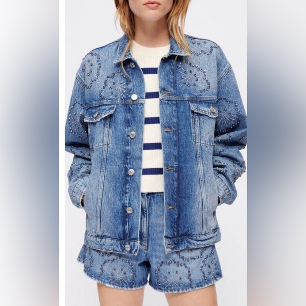 Maje Blue Jean Jacket Relaxed Fit with Rhinestones